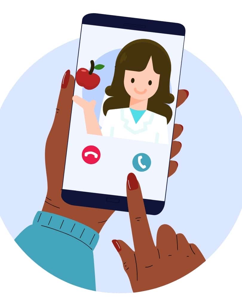 Graphic image of a telehealth RD on a cell phone