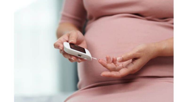Pregnant woman checking blood sugar and image of a glucometer with some sources of carbohydrates